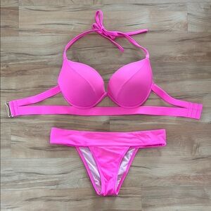 Victoria’s Secret Hot Pink Push-Up Bikini Set Size 32D/S Brazilian Bottoms
